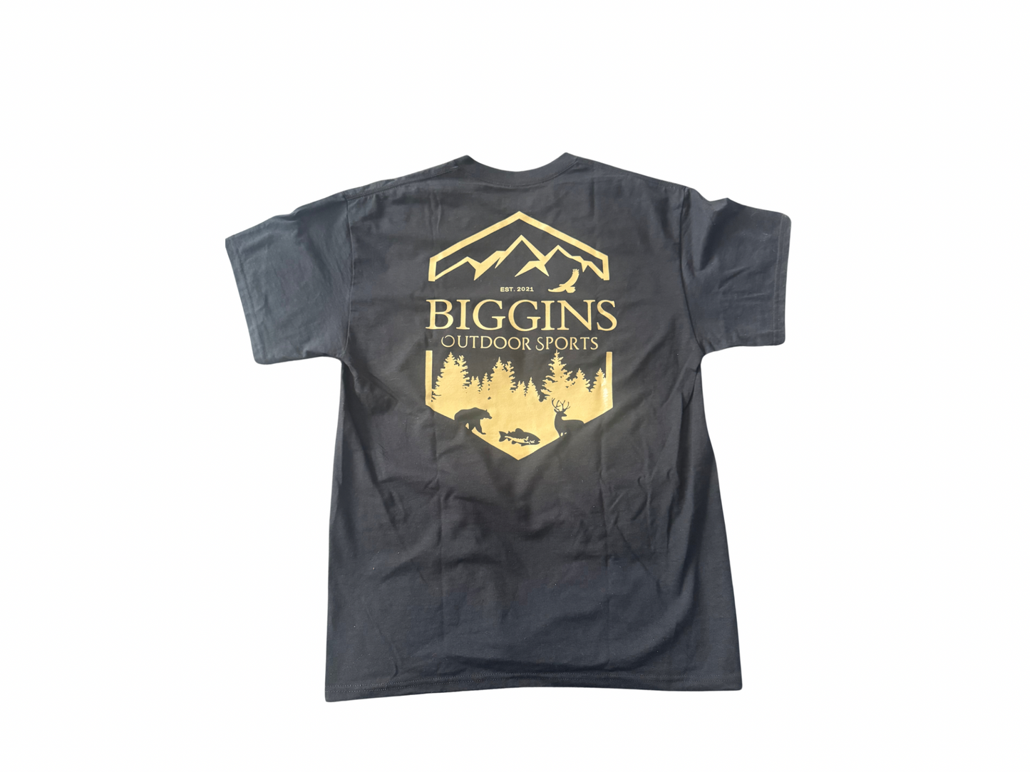 black t-shirt with sand Biggins logo