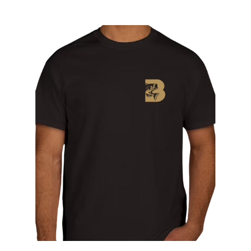 black t-shirt with sand Biggins logo